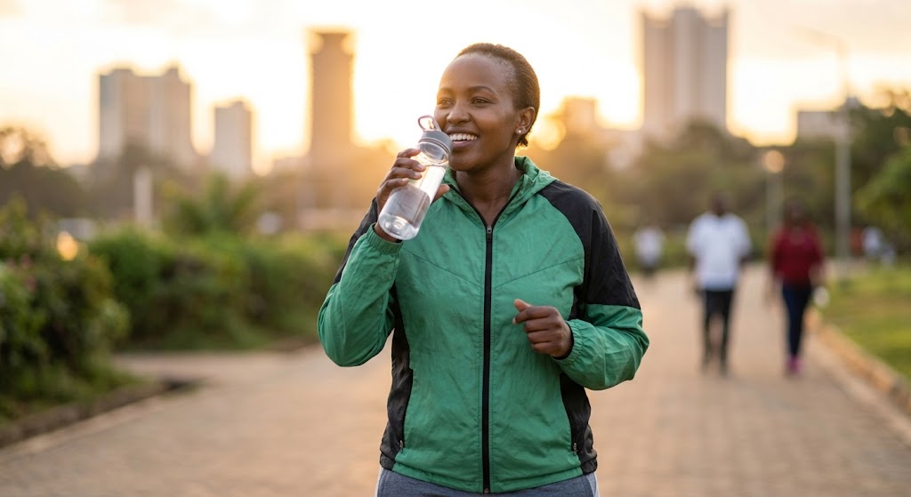A middle-aged woman jogs outdoors while holding a water bottle.