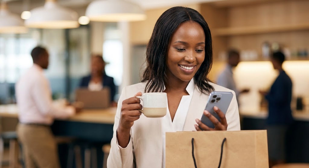 A woman smiling as she holds a nice coffee while glancing at a newly upgraded smartphone.