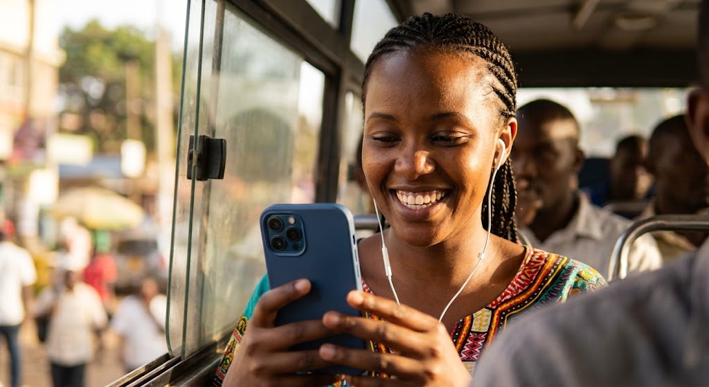 A joyful woman listens to a podcast on her smartphone using wired earbuds while riding a matatu.