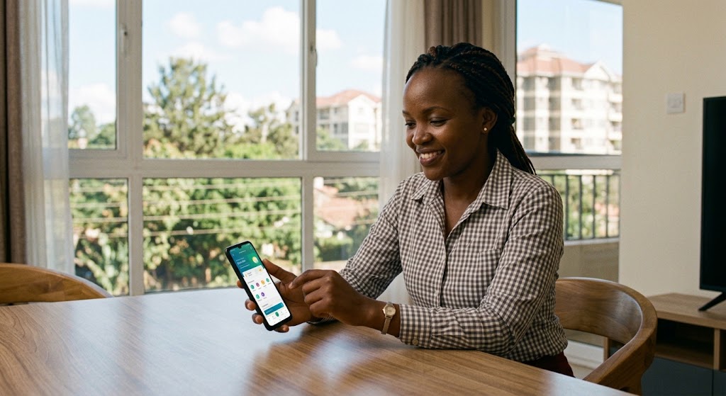 A smiling woman manages her finances using a modern mobile banking application at home, demonstrating the benefits of better digital tools.