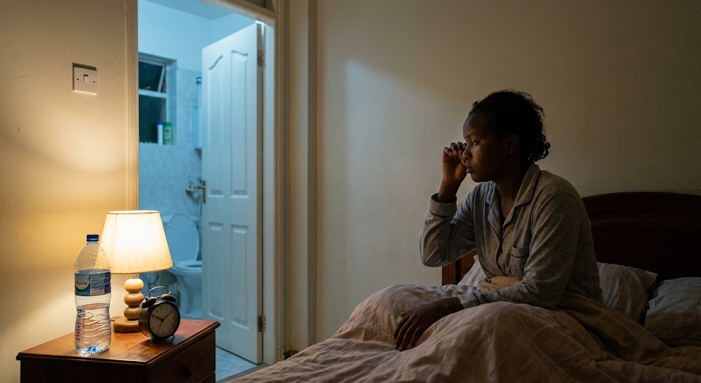 A tired woman wakes up repeatedly at night due to excessive water intake.
