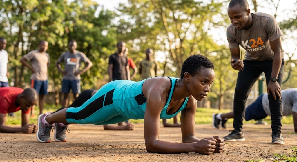 A determined woman maintains perfect plank form during a group fitness class.