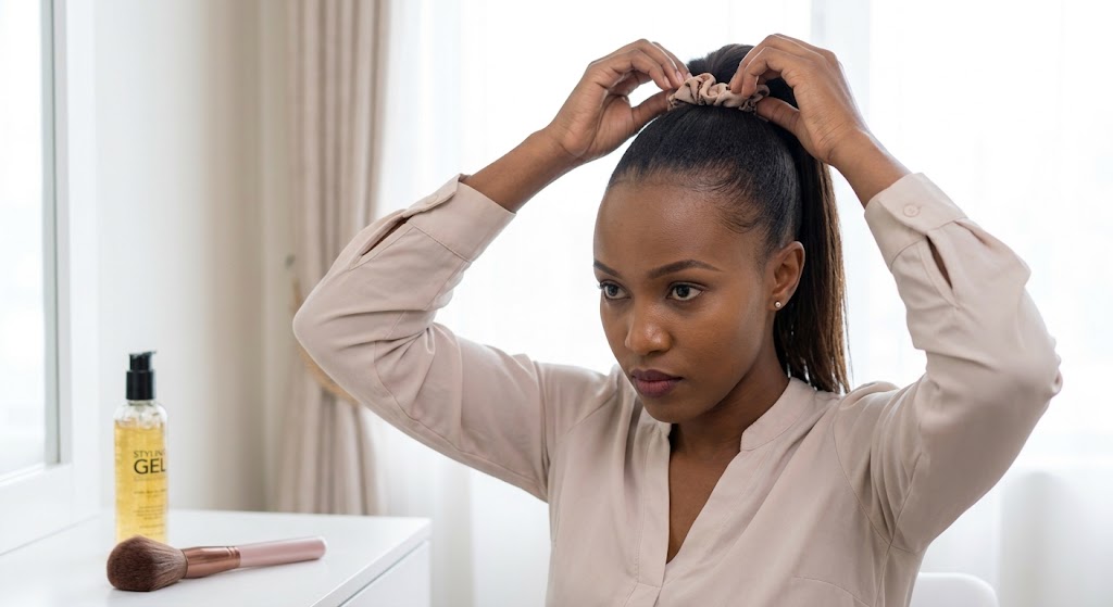 A young woman securely tying the top section of her blow-dried hair into a smooth, high ponytail.