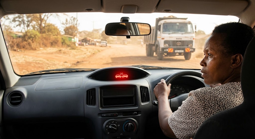 A driver reacting to an illuminated dashboard collision warning light.