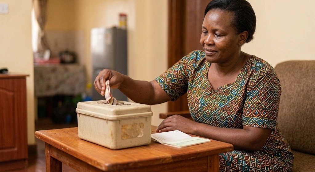 A woman finds grounding and peace focusing on savings at home.