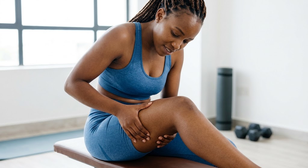 A woman in a home gym massages her tired quadriceps after a workout.