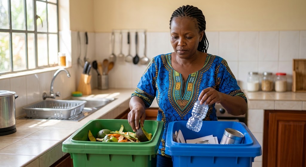 A woman in her kitchen, where she maintains distinct containers to easily separate organic waste from clean recyclables like plastics.