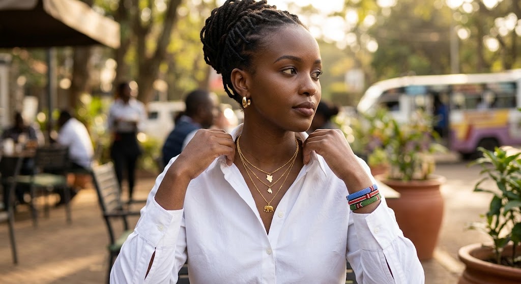 A stylish woman at a cafe shows how stacked gold necklaces and Maasai bead bracelets elevate a simple white shirt.