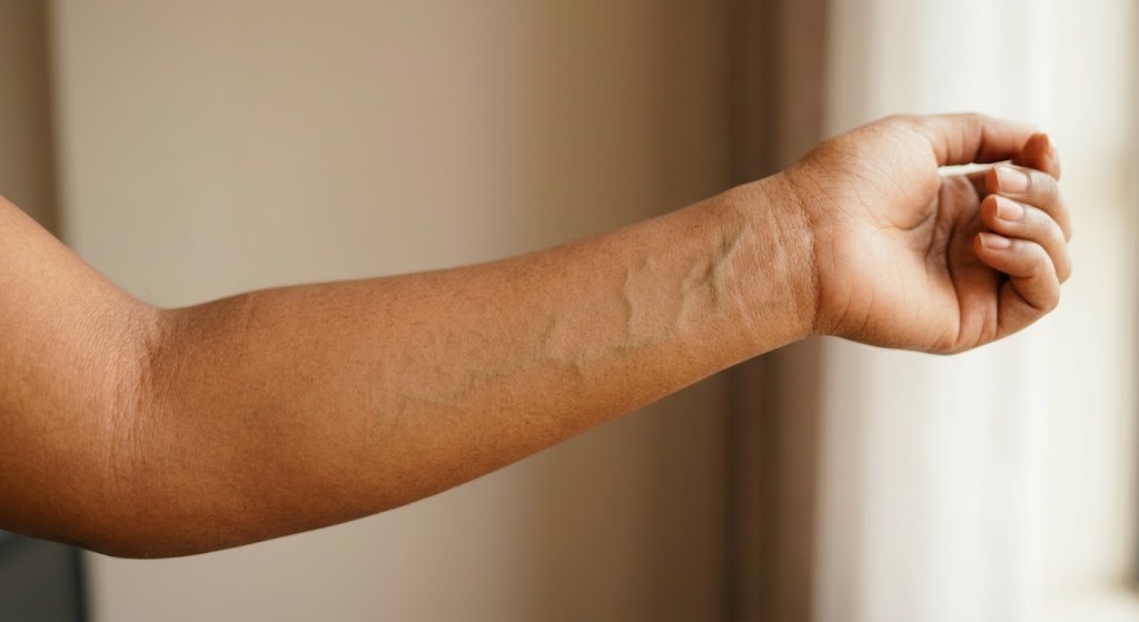 A woman's wrist held up to natural window light, showing the color of her veins for undertone testing.
