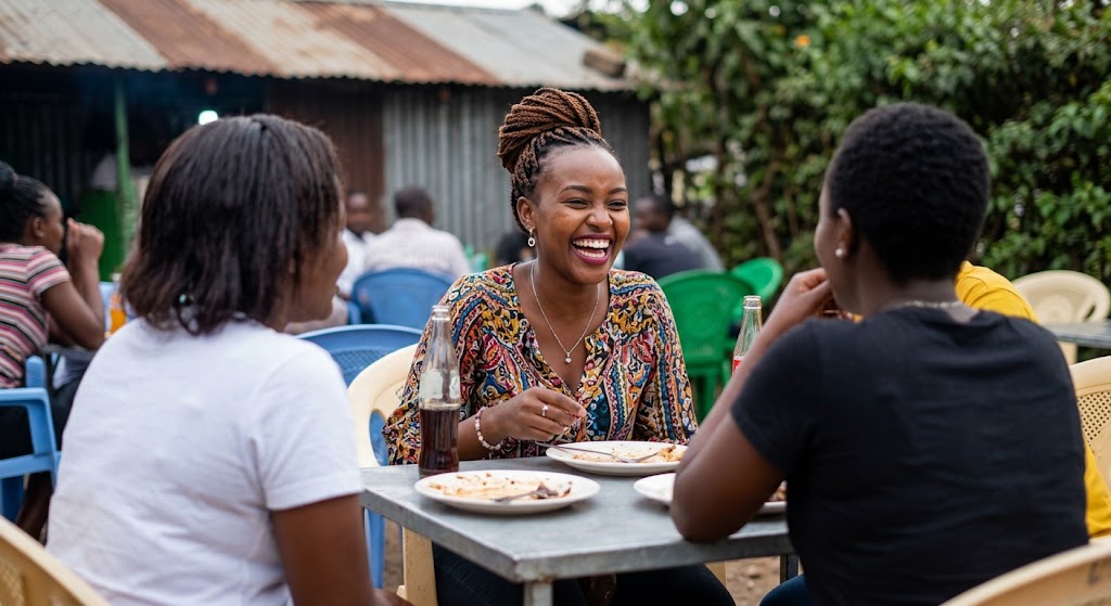 A woman enjoys time with her friends at a local eatery.