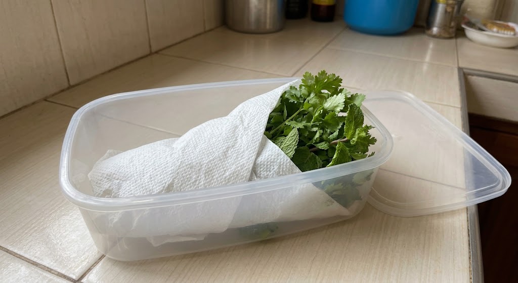 Fresh dhania stems gently wrapped in paper towels and placed inside a clear plastic storage container on a kitchen surface.