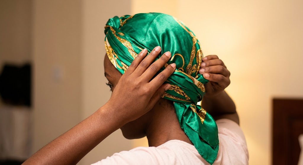 A woman wrapping her hair with a satin scarf.