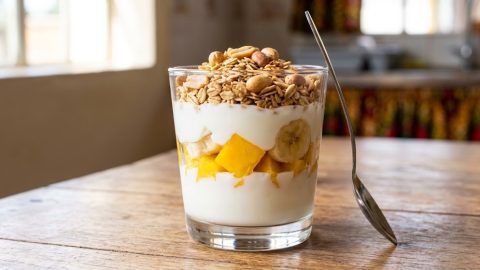 A finished yoghurt parfait layered with ripe mango, bananas, and groundnuts on a wooden kitchen counter.