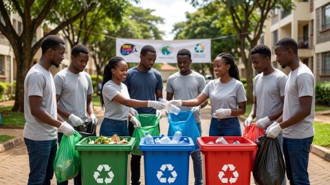 A group of youth collaborate to sort collected waste during a community cleanup event.