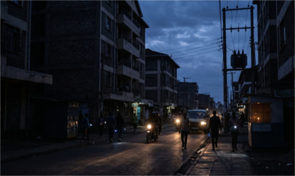 A photo-realistic image of a street, plunged into complete darkness