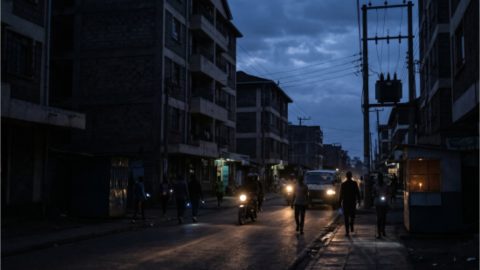 A photo-realistic image of a street, plunged into complete darkness