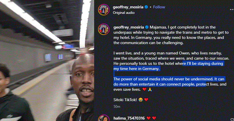A post shared by Geoffrey Mosiria on his Instagram page. PHOTO/Screengrab by K24 Digital