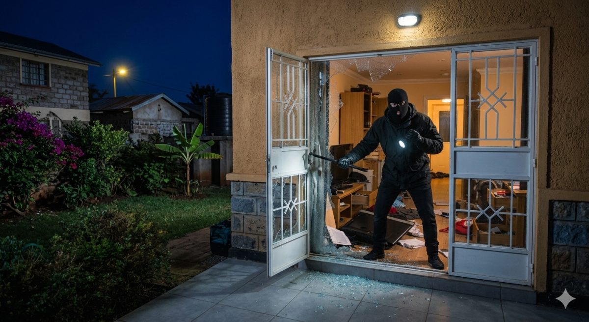An illustration of a home break-in where a masked intruder gains entry by destroying a metal-framed glass door.