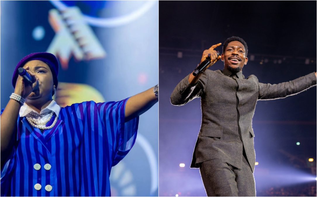 A collage of Nigerian gospel singers Mercy Chinwo and Moses Bliss 