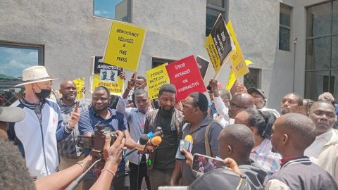 Meru Journalists Protest over K24 Correspondent assault by Meru county senior official today. PHOTO/Dorcas Mbatia