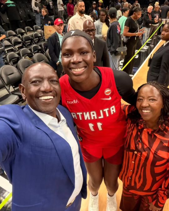 President William Ruto and First Lady Rachel take a selfie with Kenyan basketballer Madia Okot in New York on September 23, 2026. PHOTO/xballafrica/Instagram