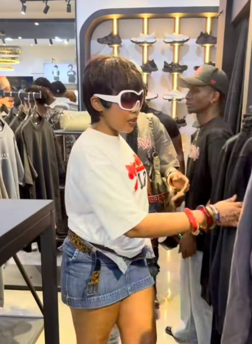 Zuchu shops for clothes during the grand reopening of Juma Jux’s African Boy fashion store. PHOTO/Screengrab by K24 Digital of Instagram video by @wasafifm.
